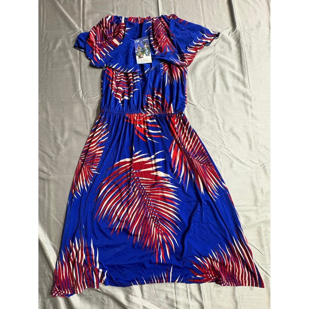 CM Women Tropical‎ Palm Leaf Print Off Shoulder Ruffle Midi Dress Blue Red L NWT